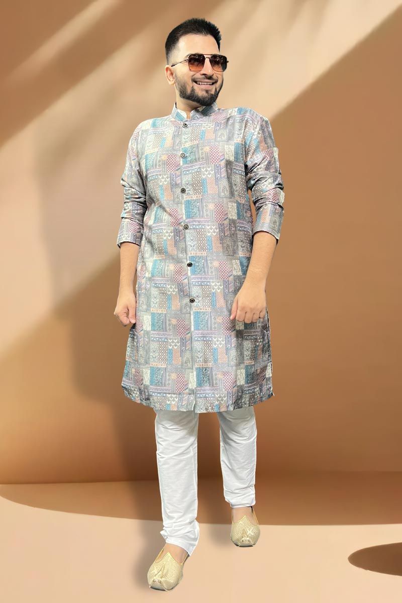 Grey Color Reception Wear Readymade Silk Fabric Kurta Pyjama For Men