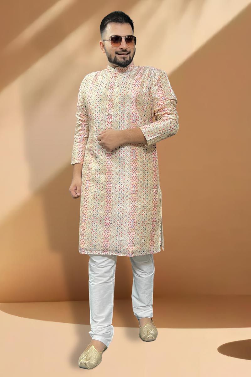 Cream Color Sangeet Wear Pretty Kurta Pyjama For Men In Silk Fabric