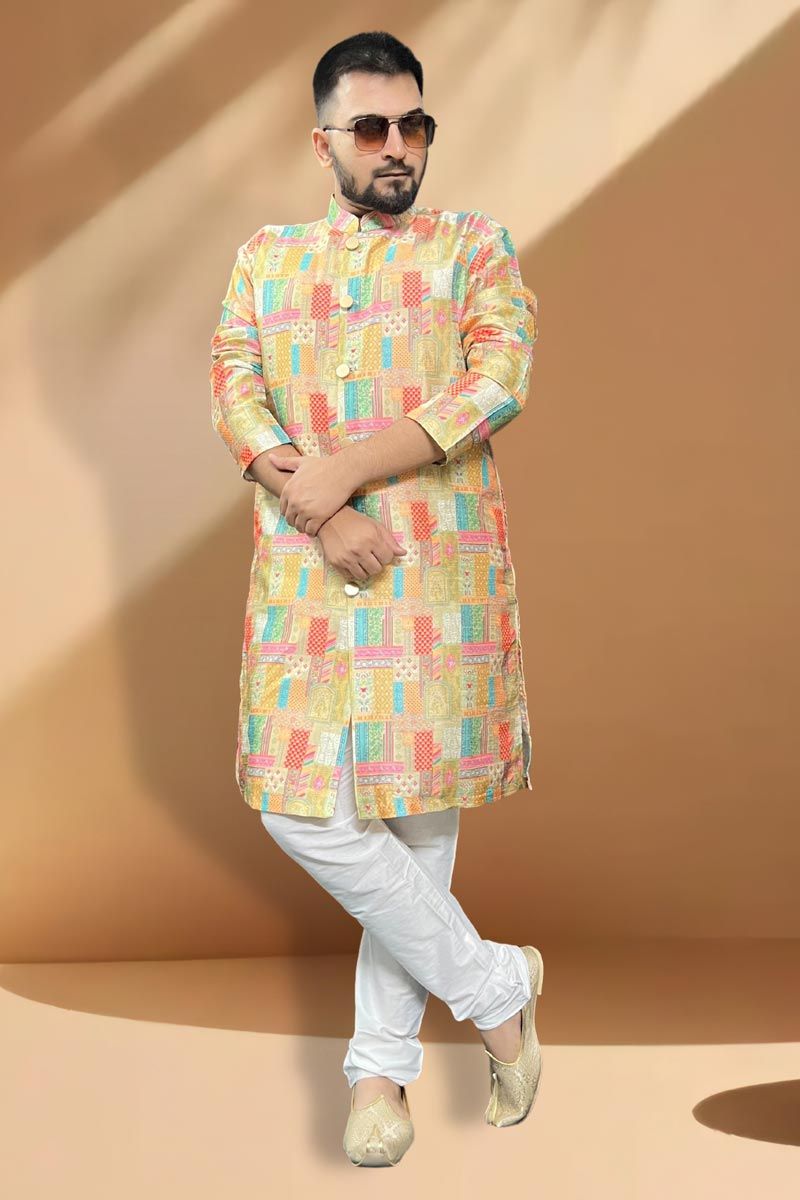 Multi Color Sangeet Wear Readymade Silk Fabric Kurta Pyjama For Men