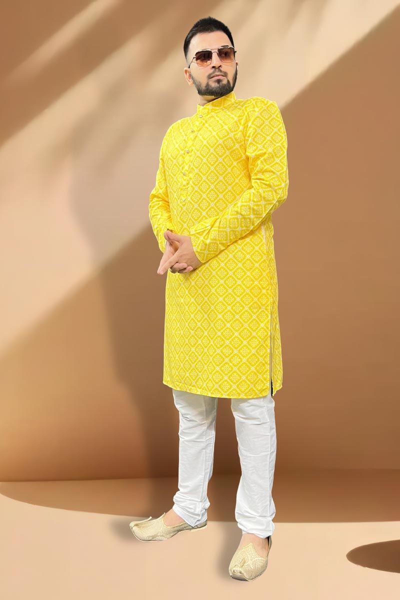 Cotton Yellow Color Wedding Wear Readymade Designer Men Kurta Pyjama