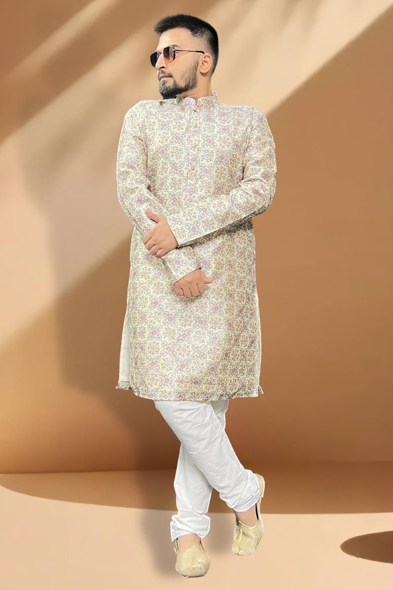 Silk Cream Magnificent Readymade Men Kurta Pyjama For Sangeet Wear