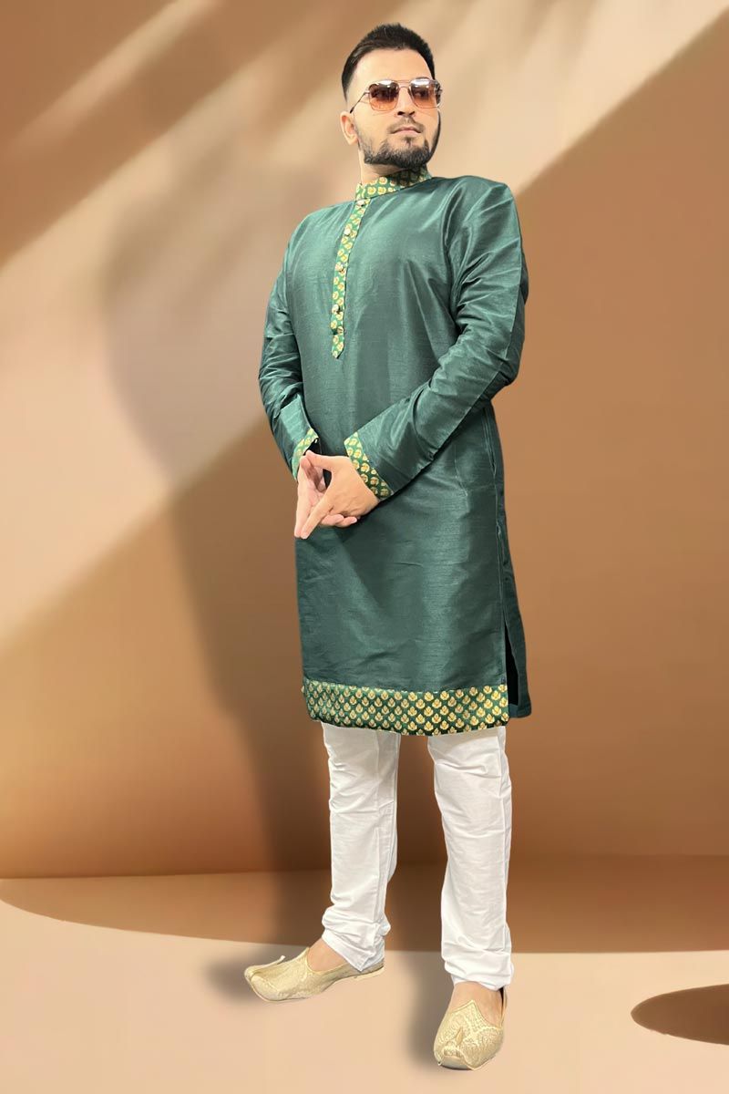 Silk Fabric Green Color Festive Wear Readymade Men Stylish Kurta Pyjama