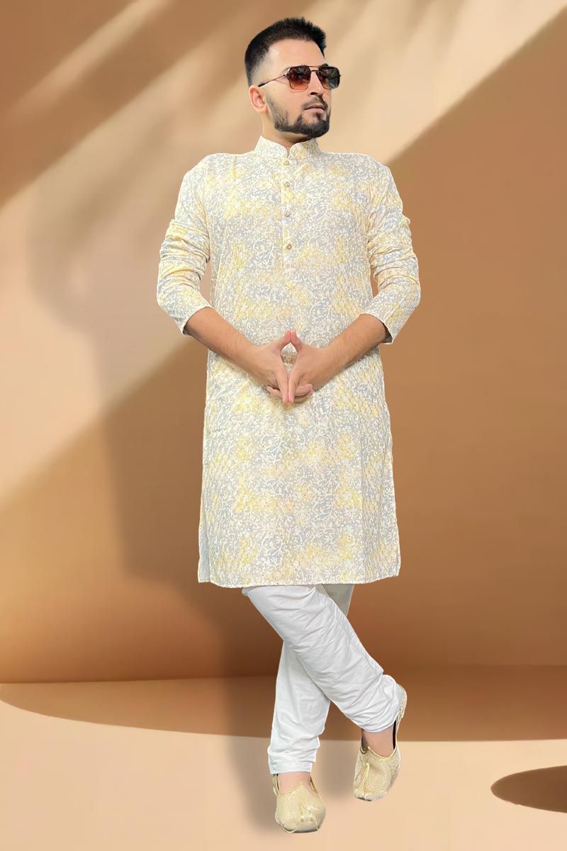 Cotton Fabric Yellow And Grey Color Festive Wear Trendy Readymade Men Kurta Pyjama