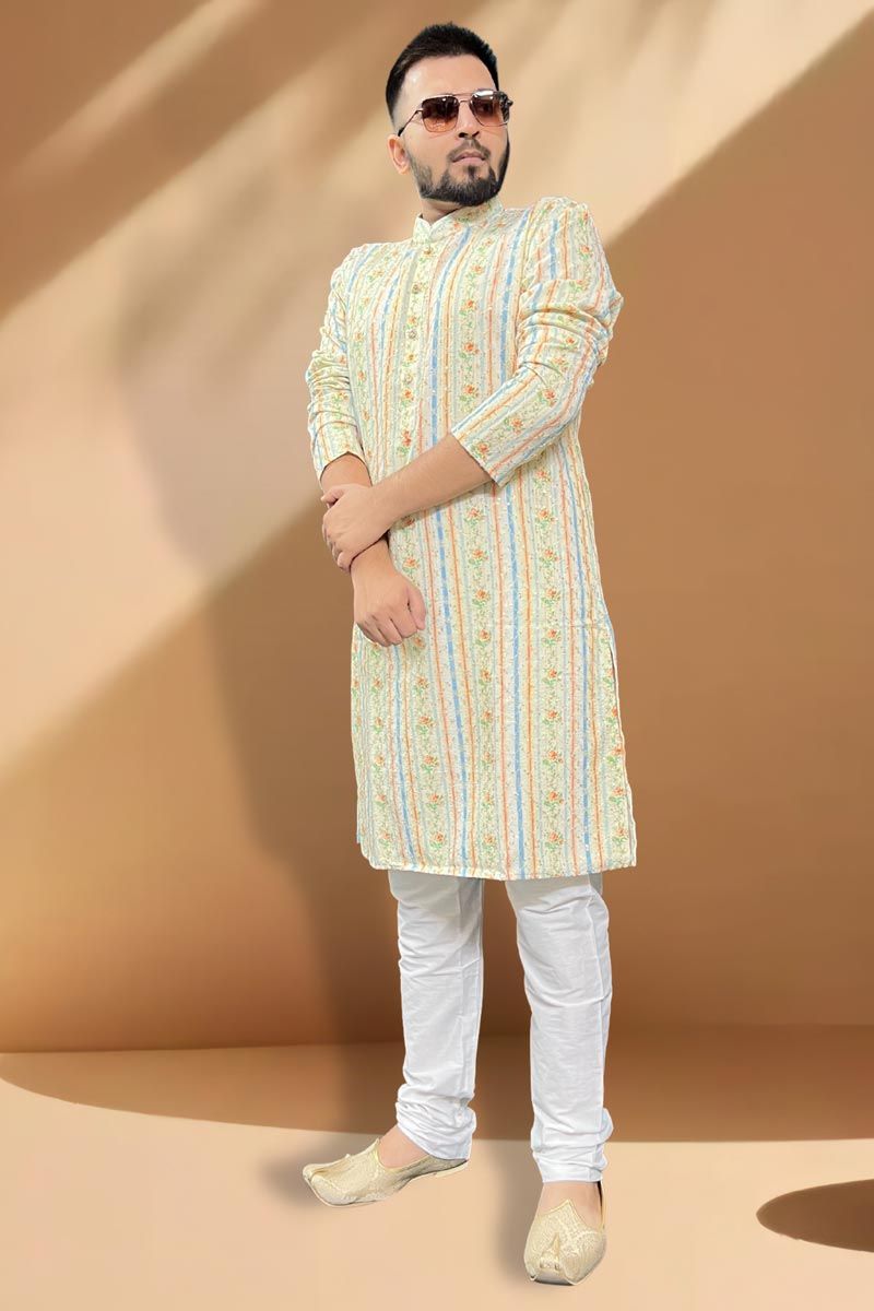 Cotton Fabric Function Wear Readymade Cream Color Kurta Pyjama For Men