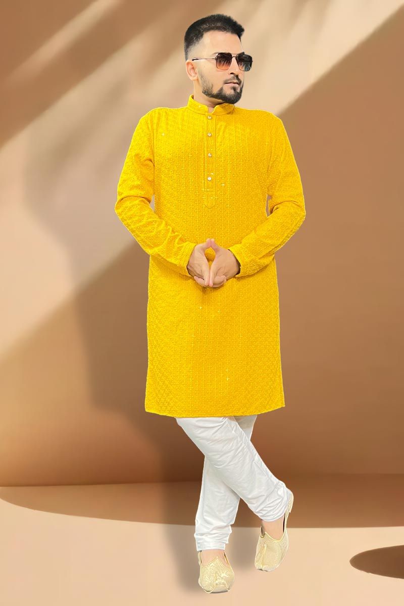 Rayon Fabric Wedding Wear Readymade Yellow Color Kurta Pyjama For Men