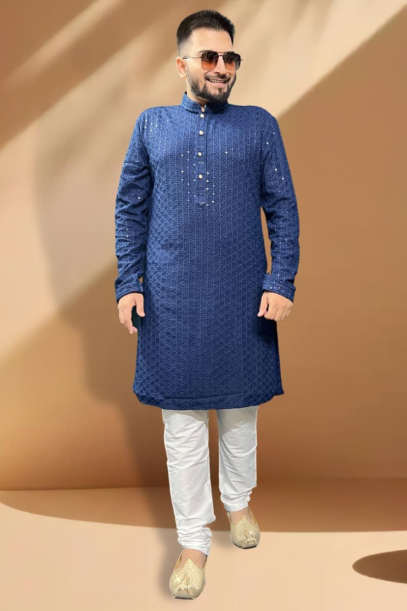 Appealing Blue Color Rayon Fabric Function Wear Kurta Pyjama For Men