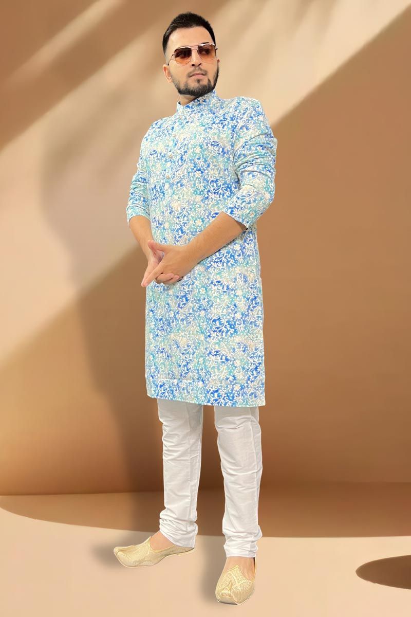 Beautiful Blue Color Wedding Wear Readymade Kurta Pyjama For Men In Cotton Fabric