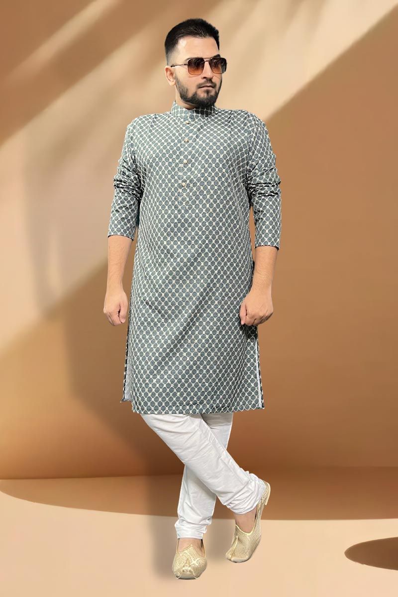 Beautiful Cotton Fabric Wedding Wear Kurta Pyjama For Men In Grey Color