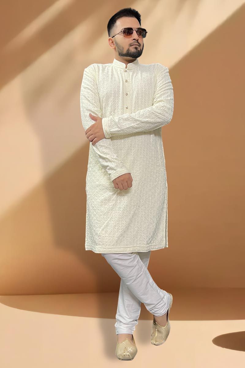 Fancy Cream Color Rayon Fabric Function Wear Readymade Kurta Pyjama For Men