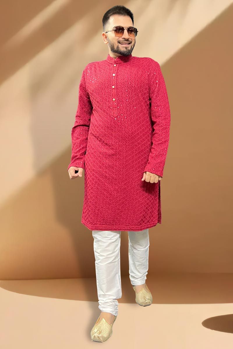 Festive Wear Readymade Kurta Pyjama For Men In Red Rayon Fabric