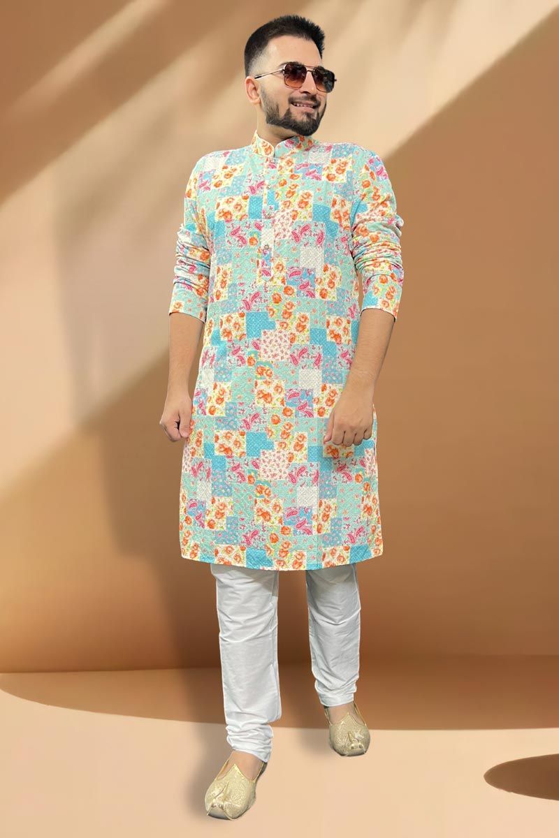 Fetching Sea Green Cotton Fabric Sangeet Wear Kurta Pyjama For Men