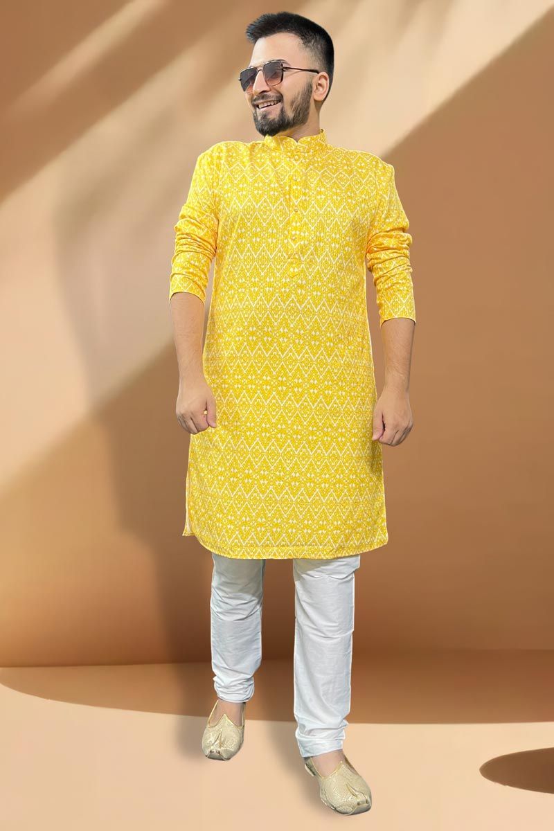 Cotton Fabric Readymade Kurta Pyjama For Men In Yellow Color