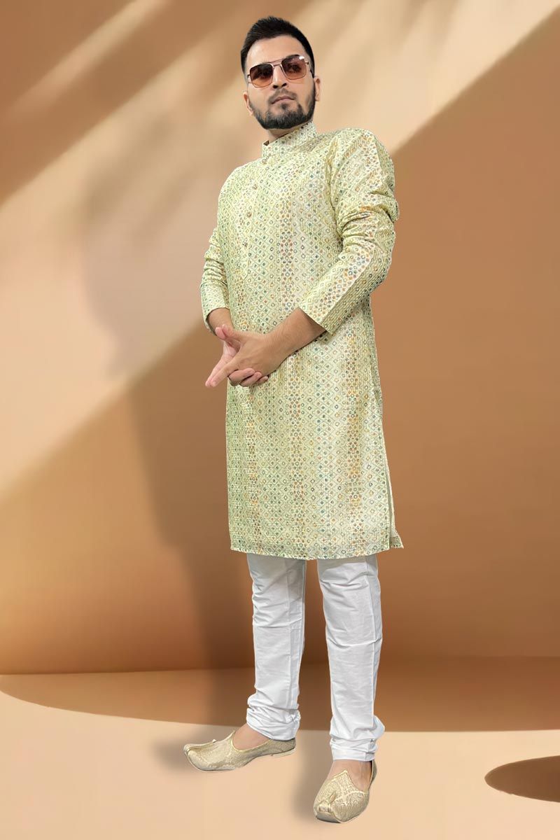 Beige Color Function Wear Silk Kurta Pyjama For Men