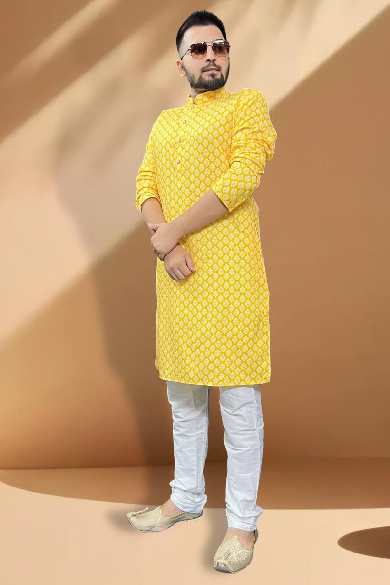 Pretty Cotton Fabric Sangeet Wear Readymade Men Kurta Pyjama In Yellow Color