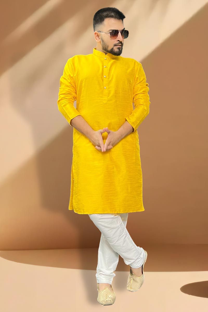 Sangeet Wear Yellow Readymade Men Kurta Pyjama In Silk Fabric