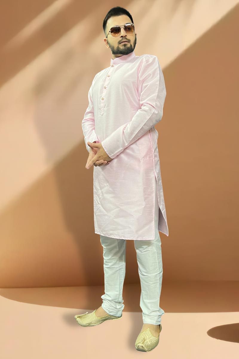 Reception Wear Readymade Pink Color Silk Fabric Kurta Pyjama For Men