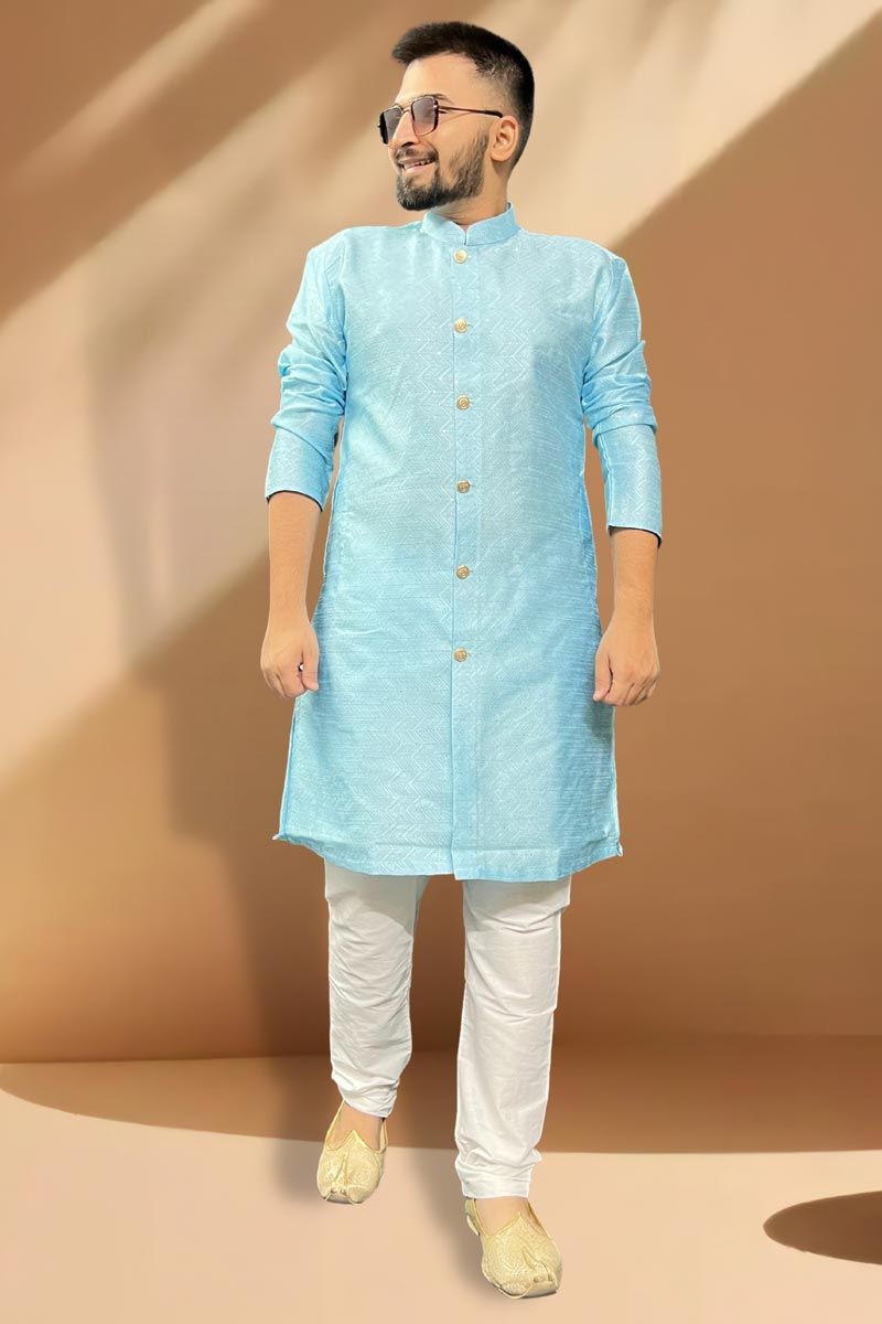 Sangeet Wear Readymade Kurta Pyjama For Men In Jacquard Sky Blue Color