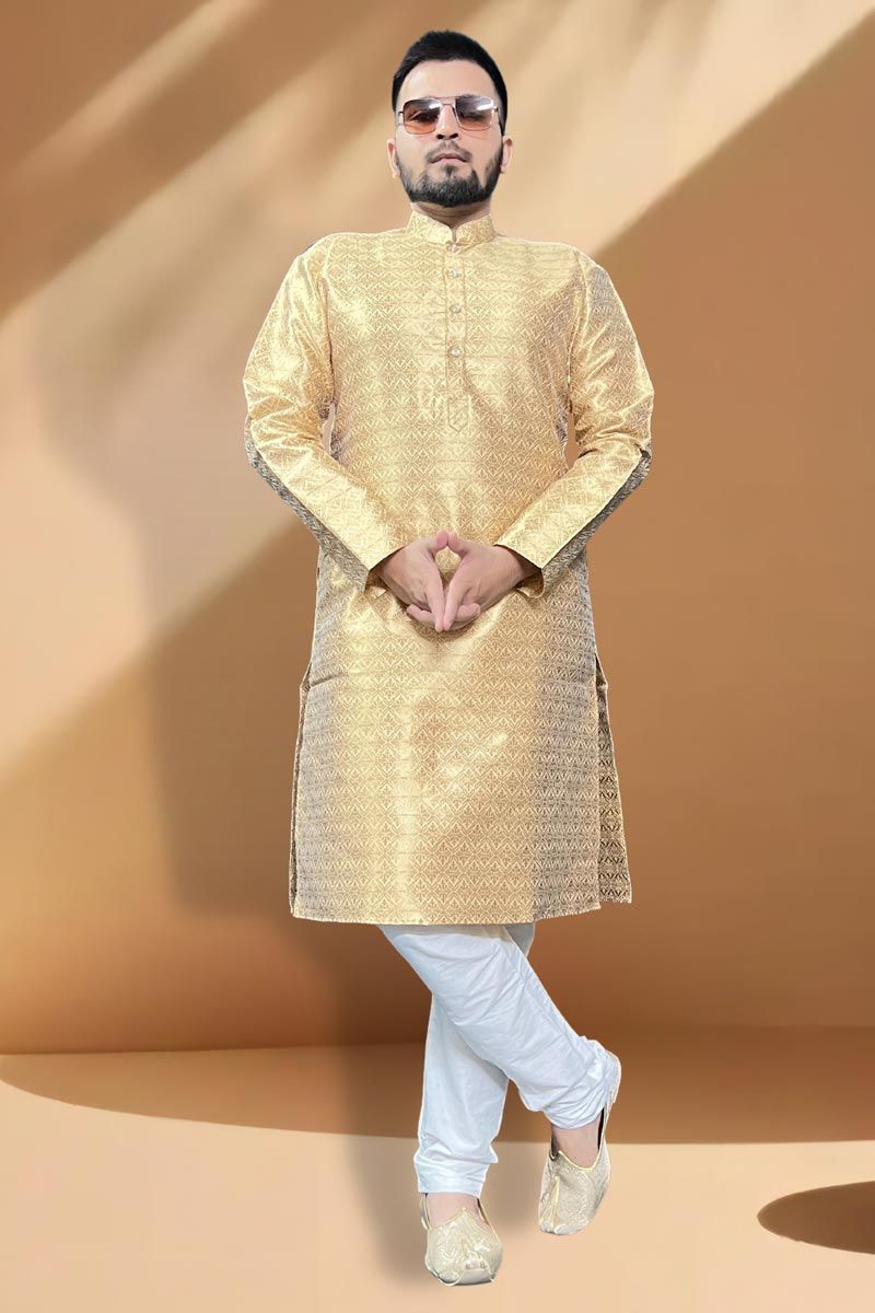 Jacquard Fabric Wedding Wear Beige Color Readymade Men Kurta Pyjama