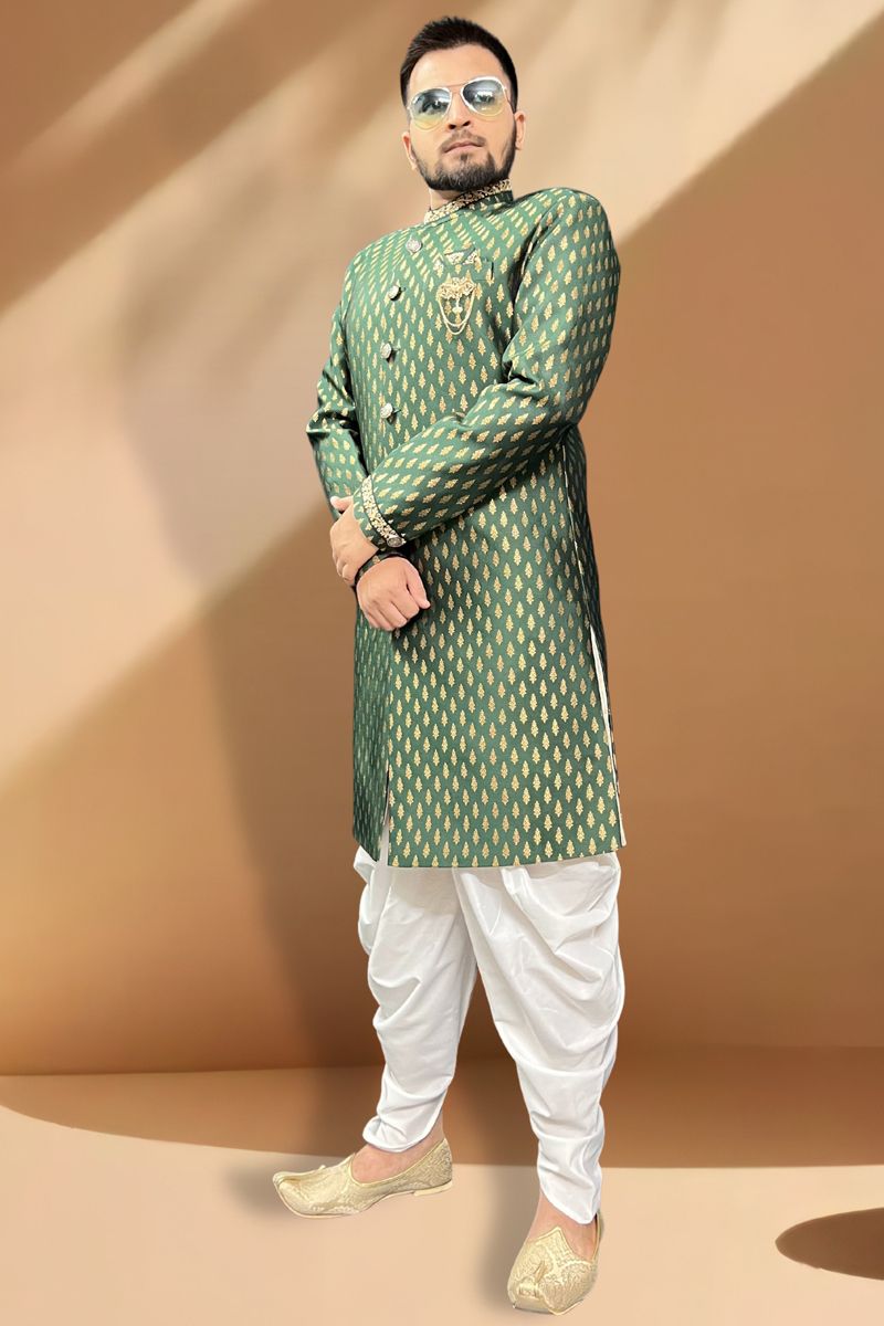 Jacquard Fabric Designer Wedding Wear Readymade Peshawari Style Indo Western For Men In Green Color