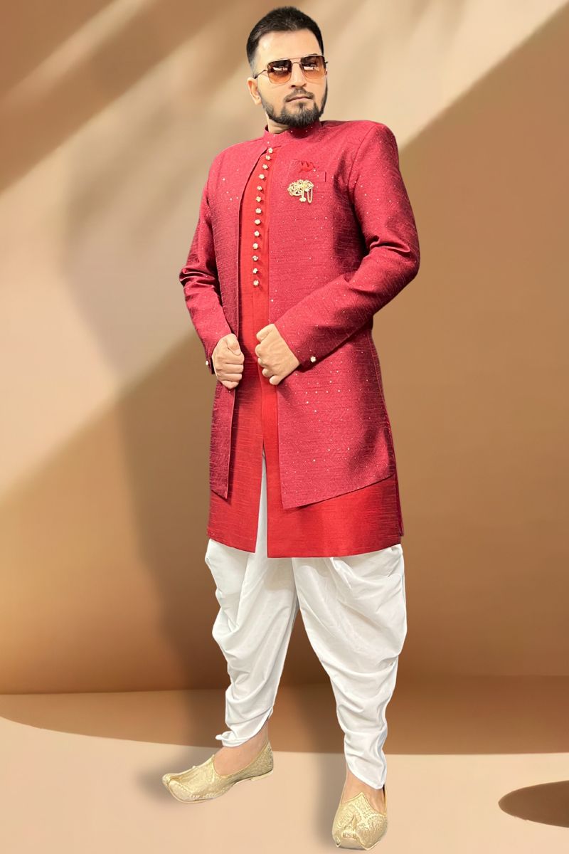 Silk Fabric Red Color Wedding Wear Readymade Peshawari Style Indo Western For Men