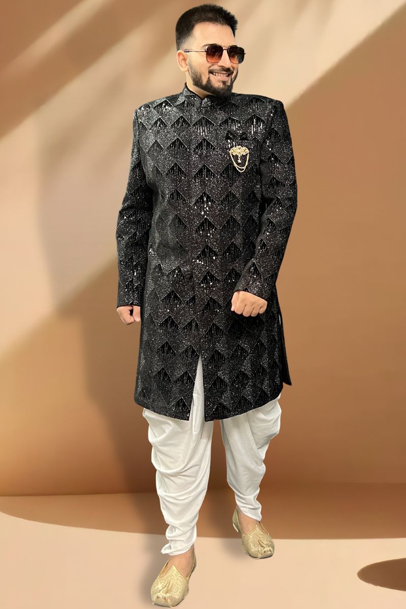 Black Silk Fabric Sangeet Wear Trendy Readymade Peshawari Style Indo Western For Men