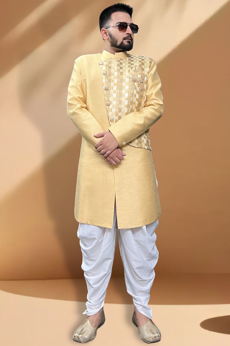 Stunning Beige Color Wedding Wear Readymade Peshawari Style Indo Western For Men