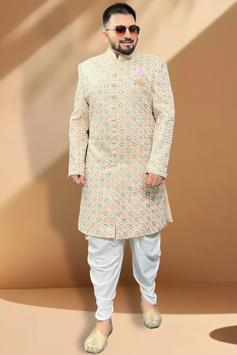 Cream Color Silk Fabric Wedding Wear Readymade Peshawari Style Indo Western For Men