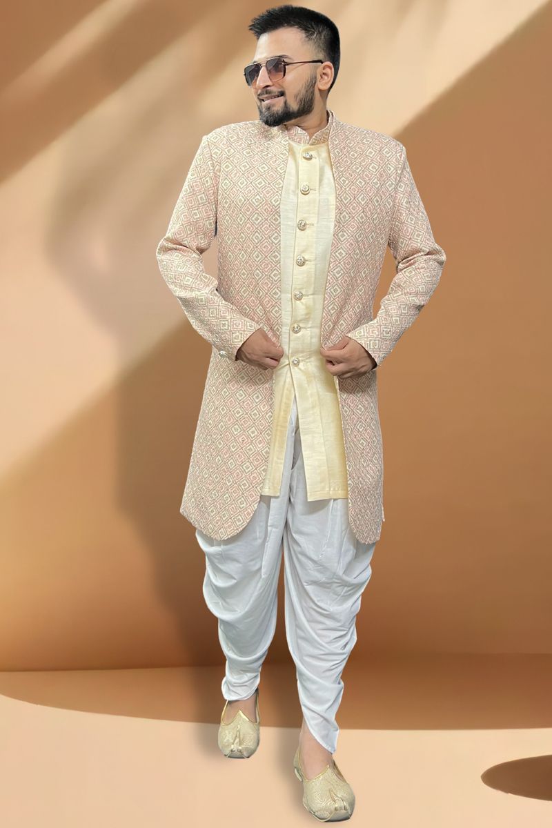 Silk Beige Color Wedding Wear Readymade Designer Men Peshawari Style Indo Western 