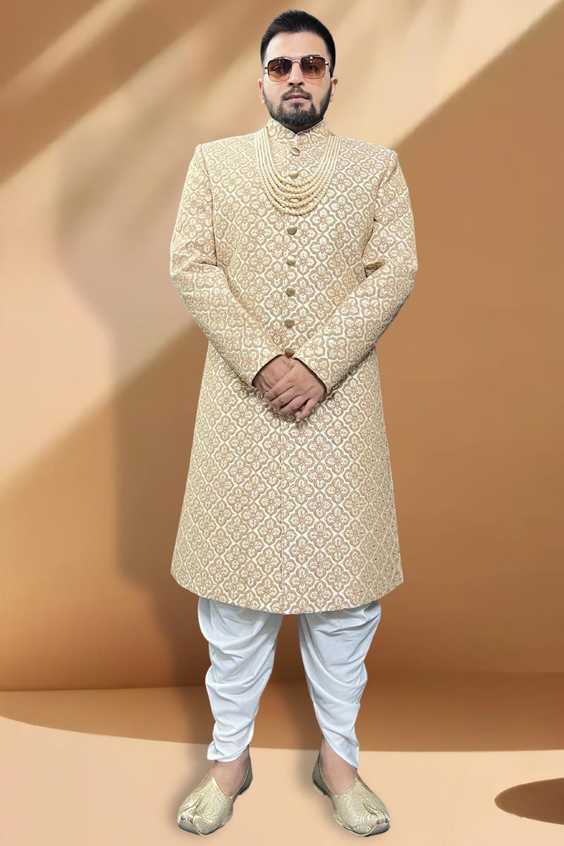 Cream Gorgeous Silk Fabric Wedding Wear Readymade Peshawari Style Indo Western For Men