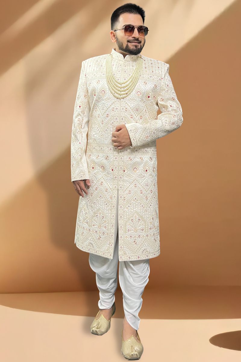 Silk Stunning Cream Color Wedding Wear Readymade Men Peshawari Style Sherwani 