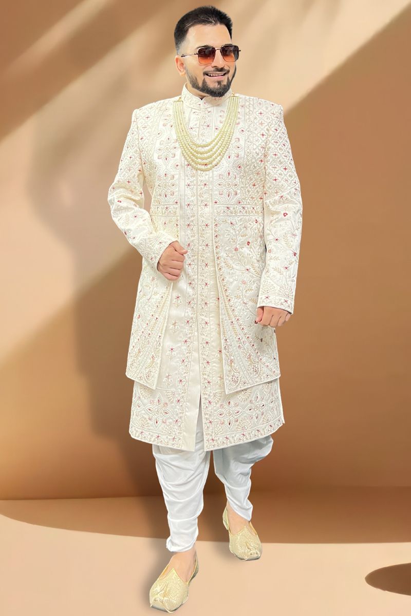 Silk Cream Wedding Wear Readymade Lovely Peshawari Style Sherwani For Men