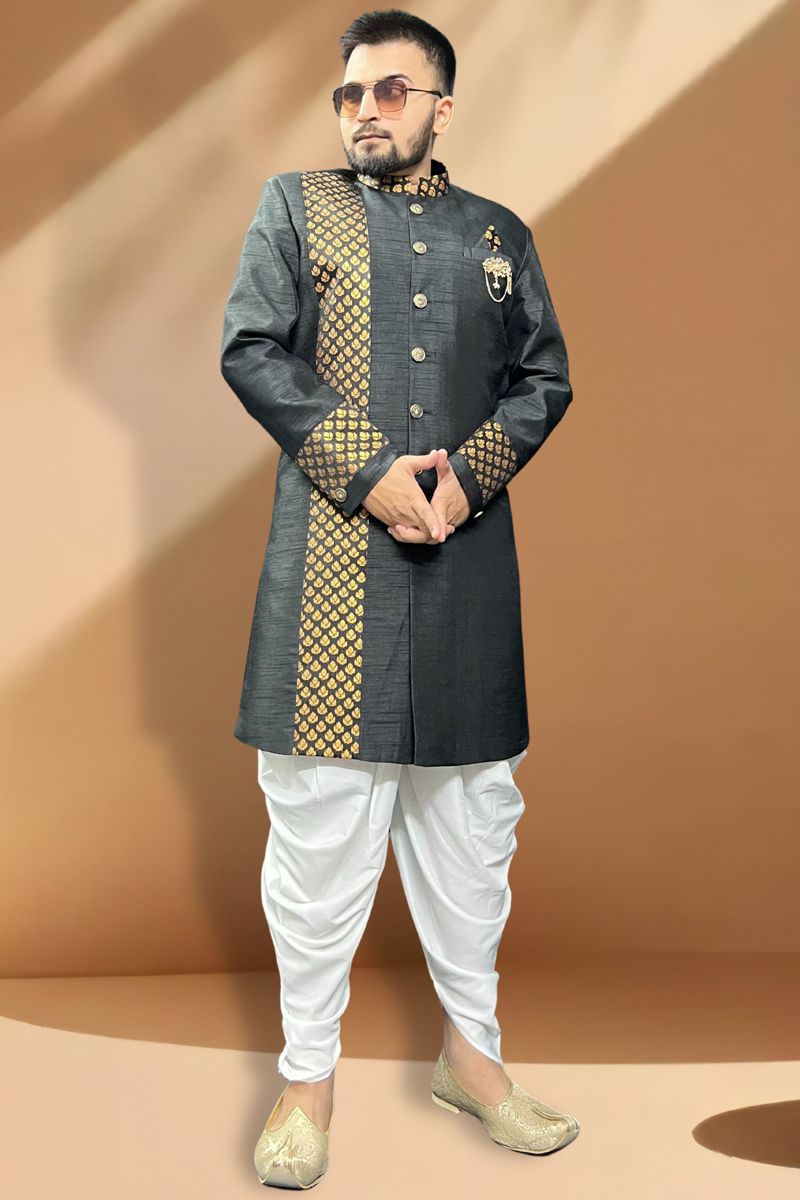 Pretty Silk Fabric Wedding Wear Readymade Men Peshawari Style Indo Western In Black Color