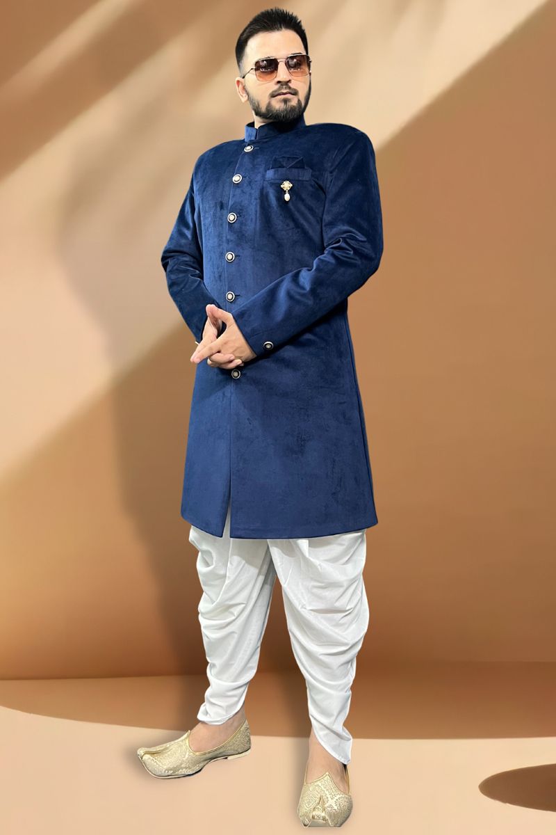 Blue Wedding Wear Readymade Glamorous Peshawari Style Indo Western For Men In Velvet Fabric