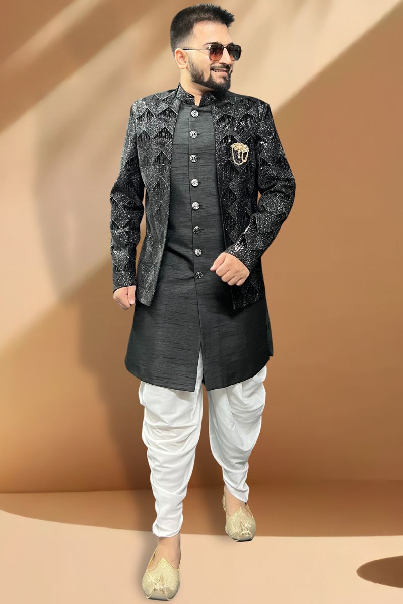 Black Silk Fabric Graceful Readymade Men Peshawari Style Indo Western For Wedding Wear