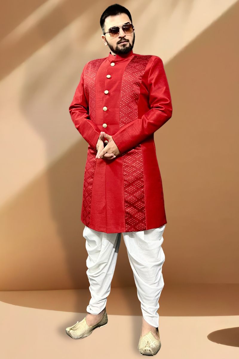 Red Silk Fabric Magnificent Readymade Men Peshawari Style Indo Western For Wedding Wear