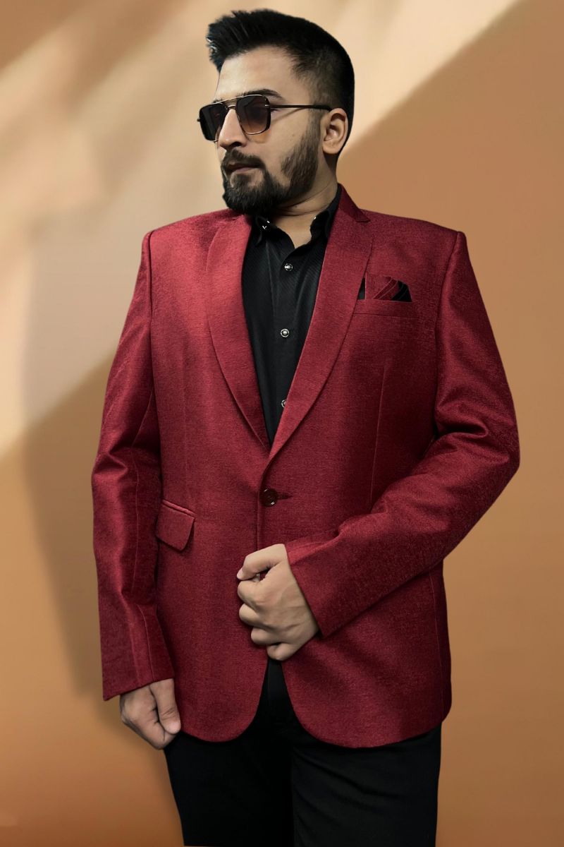 Red Gorgeous Jacquard Fabric Reception Wear Readymade Blazer For Men