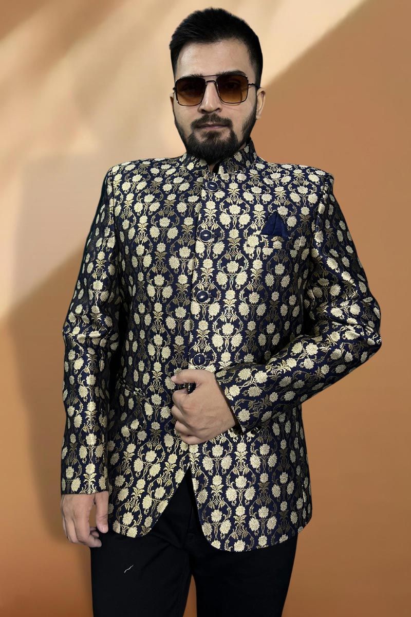 Blue Color Reception Wear Jacquard Fabric Designer Readymade Blazer For Men