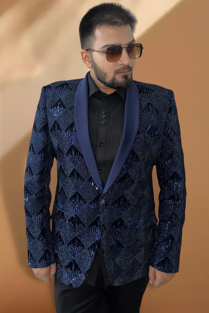 Blue Color Reception Wear Velvet Fabric Readymade Stylish Blazer For Men