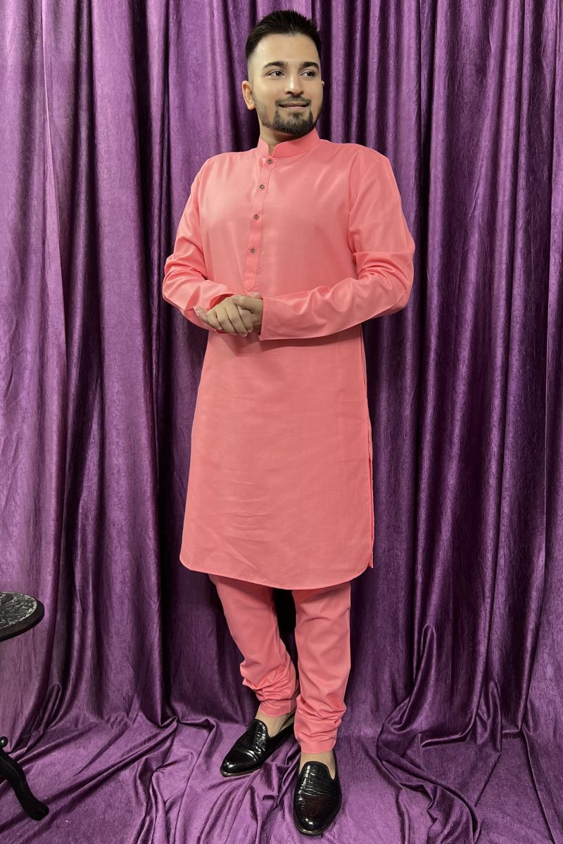 Pink Cotton Function Wear Readymade Kurta Pyjama For Men