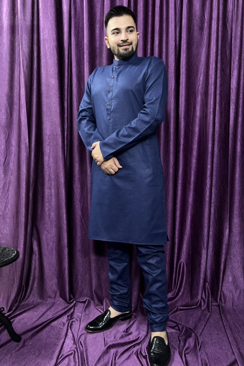 Navy Blue Color Sangeet Wear Readymade Cotton Fabric Kurta Pyjama For Men