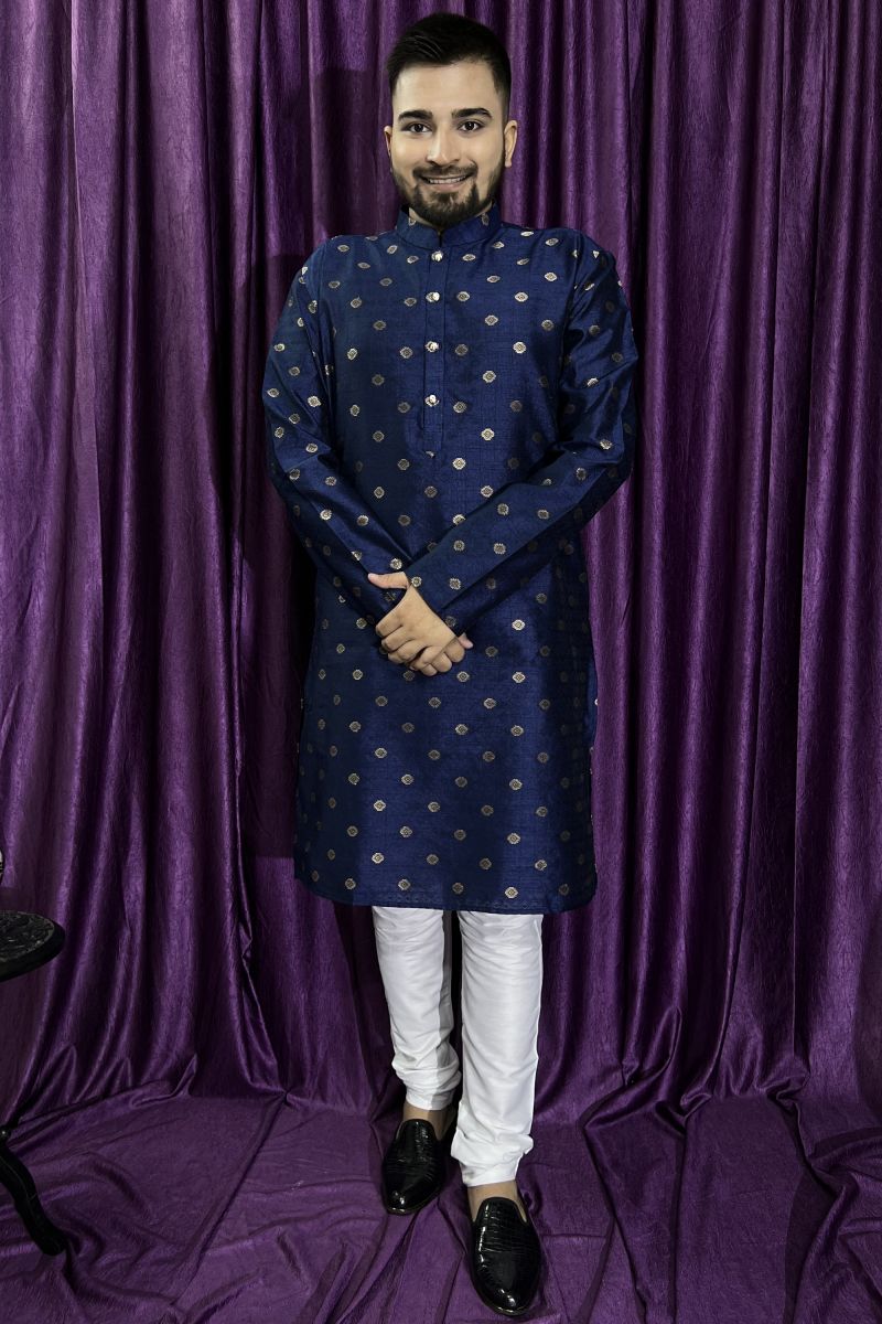 Jacquard Fabric Blue Color Readymade Men Stylish Kurta Pyjama