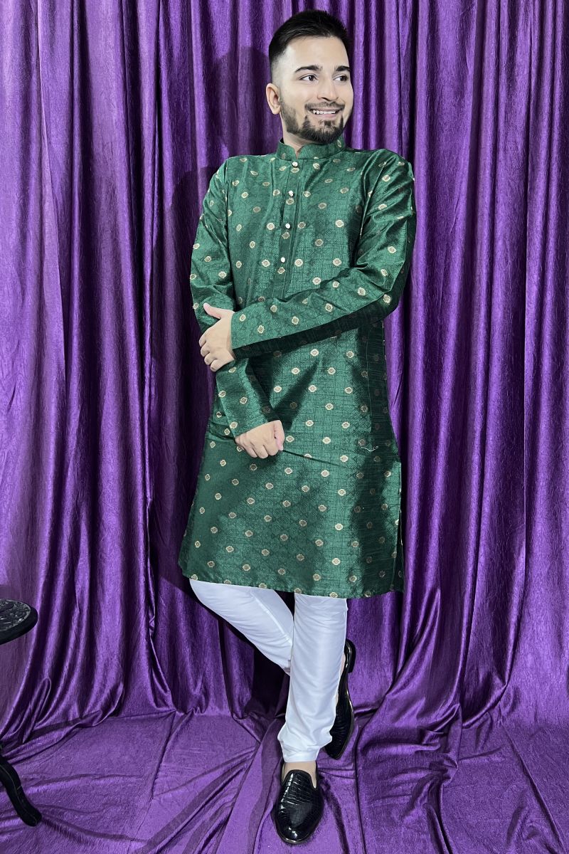 Green Jacquard Fabric Trendy Readymade Kurta Pyjama For Men