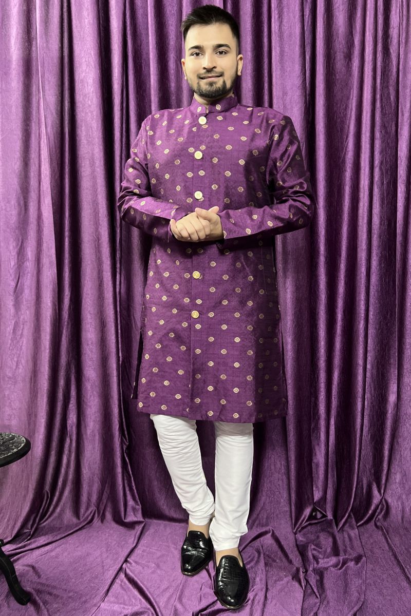 Jacquard Purple Color Readymade Designer Men Kurta Pyjama