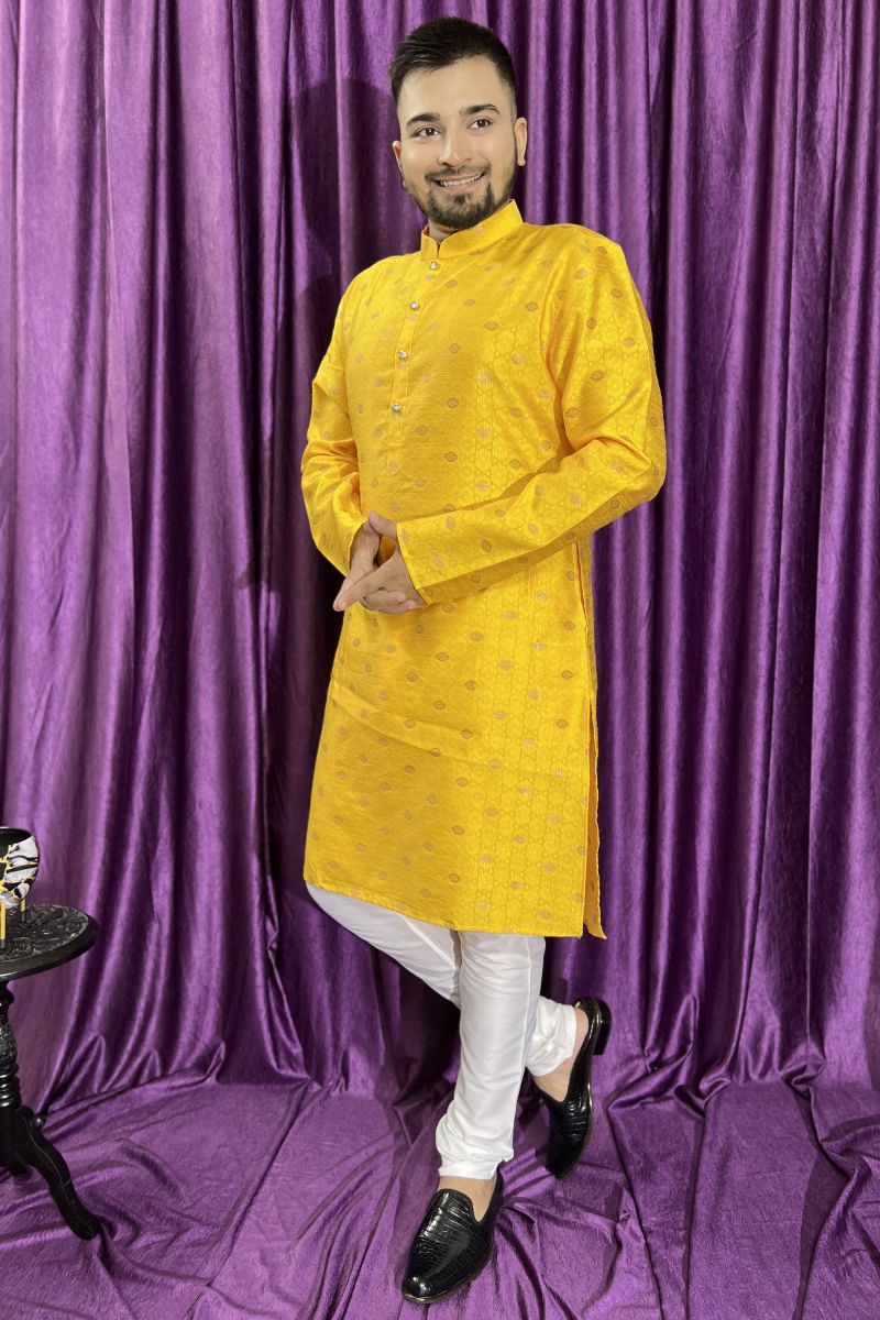 Yellow Color Gorgeous Jacquard Fabric Readymade Kurta Pyjama For Men