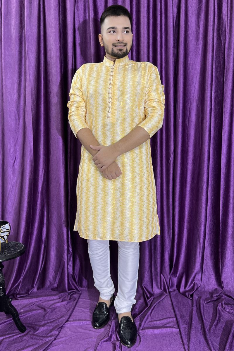 Cotton Fabric Stunning Yellow Color Readymade Men Kurta Pyjama