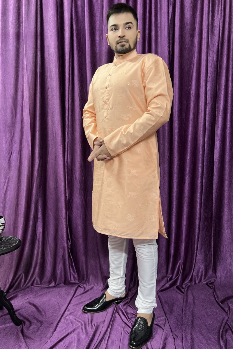 Beautiful Peach Color Readymade Kurta Pyjama For Men In Jacquard Fabric