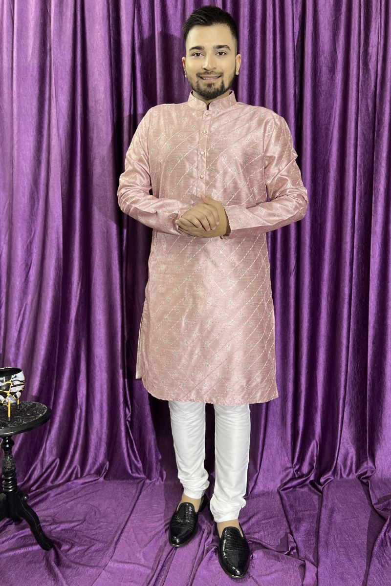 Pink Color Readymade Glamorous Kurta Pyjama For Men In Jacquard Fabric