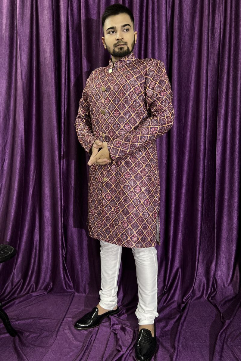 Purple Color Cotton Fabric Artistic Readymade Men Kurta Pyjama