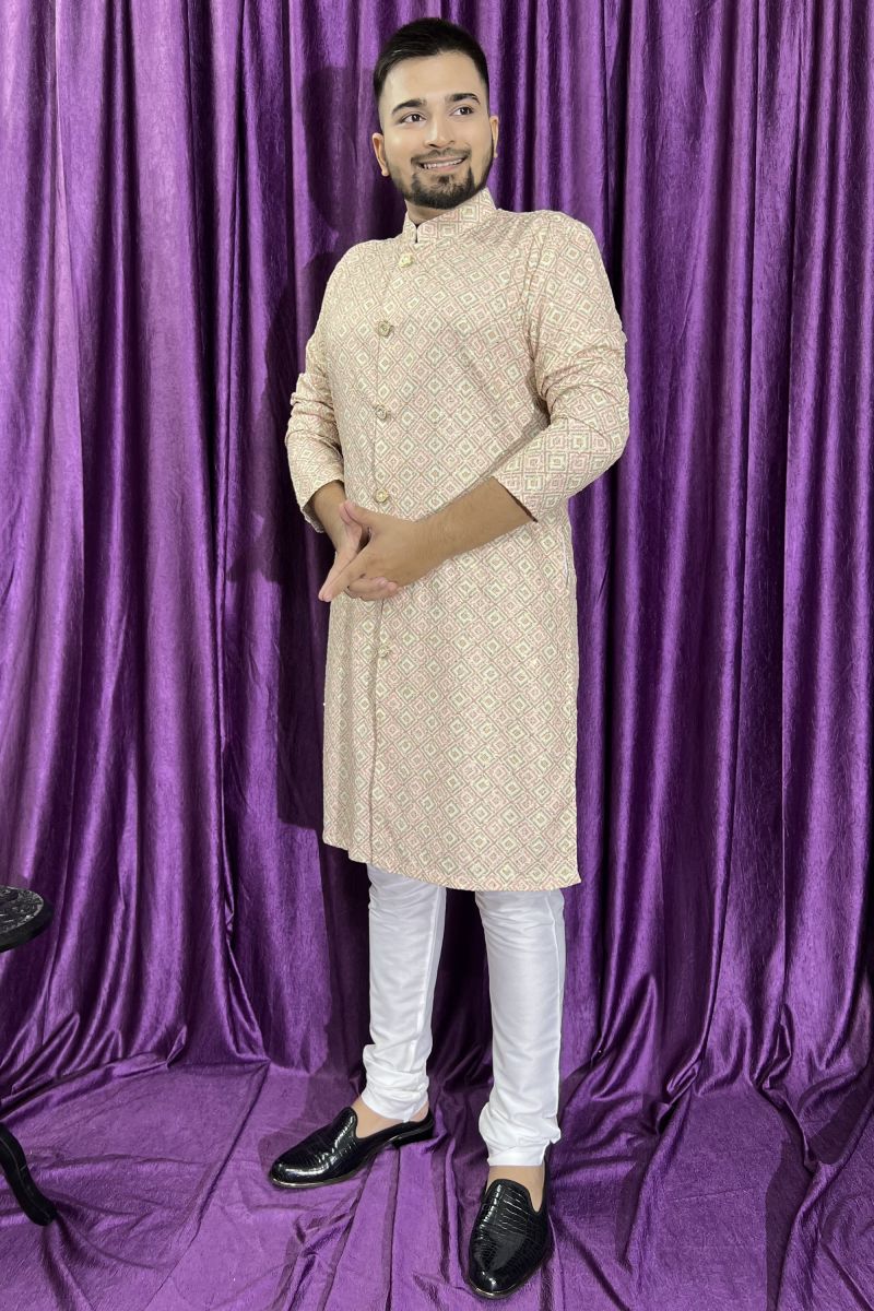 Cotton Fabric Readymade Cream Color Kurta Pyjama For Men