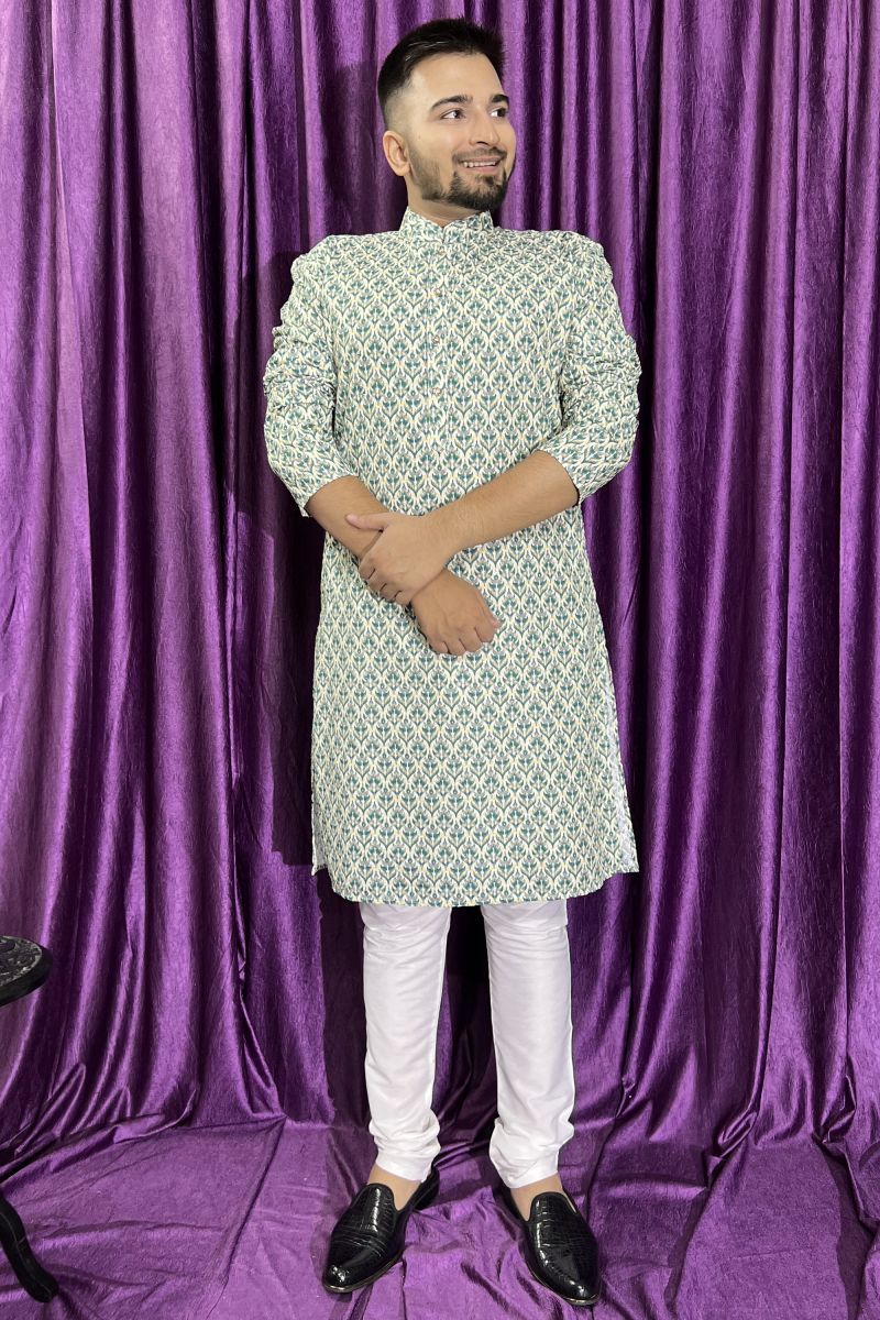 Cotton Fabric Readymade Kurta Pyjama For Men In Teal Color